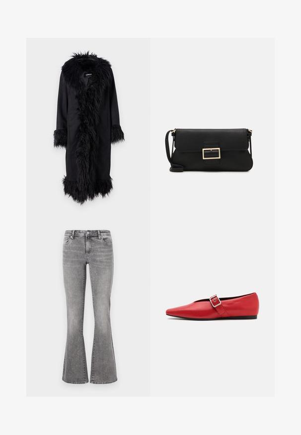 ONLY ONLVIENNA SUEDE COAT - Klassischer Mantel - black; Weißes ärmelloses Tanktop aus geripptem Stoff, mit rundem Ausschnitt und figurbetonter Silhouette, minimalen Nähten und ohne Verzierungen.; Graue Denim-Jeans mit weitem Bein in mittlerer Taille, fünf Taschen und einem ausgewaschenen Look. Mit Knopfverschluss und Gürtelschlaufen.; Rote Leder-Ballerina mit einer spitzen Zehe, ausgestattet mit einem Seitenriemen mit einer Metallschnalle und einem niedrigen schwarzen Absatz. Glatte Textur über die gesamte Fläche.; Schwarze Leder-Clutch mit Klappe und goldfarbenem Metallschnallen-Detail. Enthält einen schwarzen Riemen und ein schlankes, minimalistisches Design.; Silberne Creolen mit gedrehter Gestaltung, ausgestattet mit einer polierten Oberfläche und einer Steckverschluss. Sie haben einen Durchmesser von ca. 3 cm.