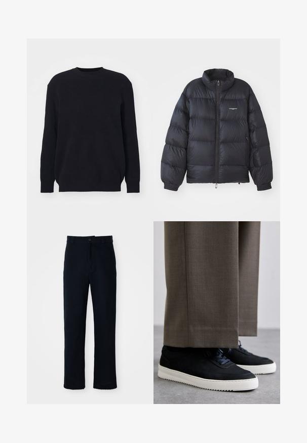 Svart puffjacka med hög krage, dragkedjestängning, elastiska ärmar och en logotyp på bröstet. Slät, glänsande material med vadderad design.; Svart ribbad tröja med långa ärmar och rund halsringning. Tillverkad av mjukt stickat tyg, med en avslappnad passform och utan synliga metalldetaljer.; Mörkblå bomullsbyxor med rak bendesign, frontknappstängning och klassisk midja med bälteshällor.; Svarta mockaskor med vita gummi-sulor, med rund tå och snören, bärs tillsammans med grå skräddarsydda byxor.