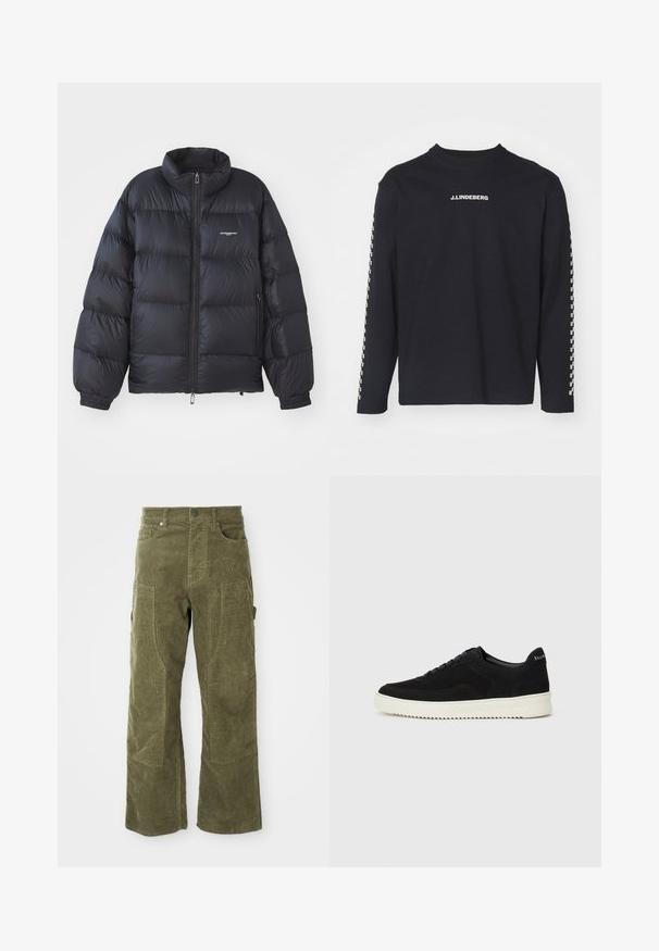 Czarna kurtka puchowa z wysokim kołnierzem, zapięciem na zamek, elastycznymi mankietami i logo na piersi. Gładki, błyszczący materiał z pikowaną konstrukcją.; Czarny t-shirt z długim rękawem wykonany z bawełny, z okrągłym dekoltem i logo J.Lindeberg na piersi, z wzorem w kratę na rękawach.; Oliwkowe spodnie z korduroju z przednimi i bocznymi kieszeniami, wzmocnionymi panelami na kolanach oraz z zapięciem na guzik i zamek błyskawiczny.; Czarne zamszowe sneakersy z designem na sznurówki i kontrastującą białą gumową podeszwą. Posiadają teksturowane boczne panele oraz subtelne logo na pięcie.