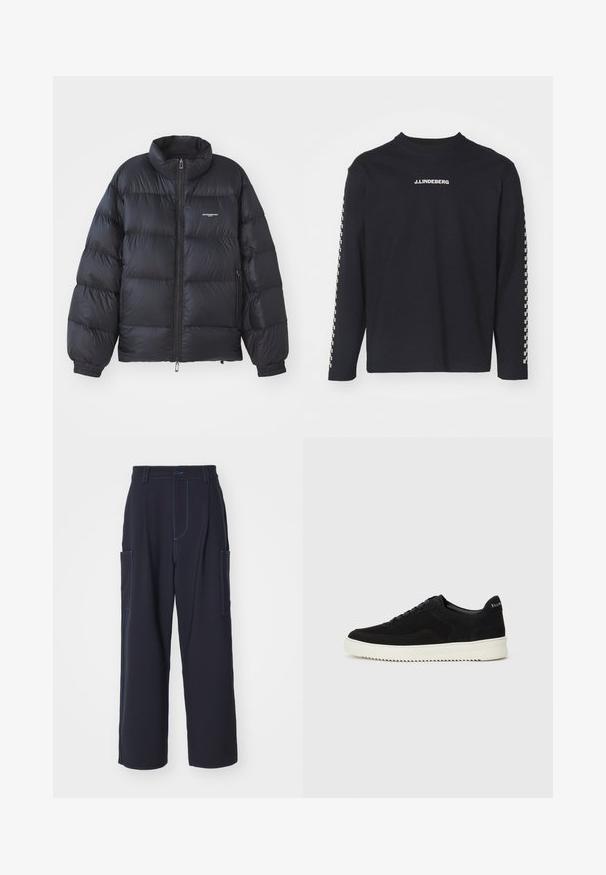 Zwarte pufferjack met een hoge kraag, ritssluiting, elastische manchetten en een logo op de borst. Glad, glanzend materiaal met een gewatteerd ontwerp.; Zwart T-shirt met lange mouwen van katoen, met een ronde hals en het J.Lindeberg-logo op de borst, met een geruit patroon op de mouwen.; Marine cargobroek met blauwe stiksels, elastische tailleband, twee zijzakken, recht gesneden ontwerp en zachte stoftextuur.; Zwarte suède sneakers met vetersluiting en contrasterende witte rubberen zool. Voorzien van textuurpanelen aan de zijkanten en subtiele branding op de hiel.
