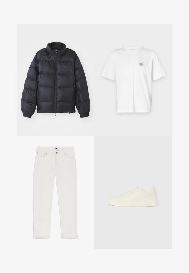 Giacca a vento nera con colletto alto, chiusura con zip, polsini elastici e logo sul petto. Materiale liscio e lucido con un design imbottito.; T-shirt bianca in cotone con maniche corte, colletto tondo e un piccolo logo grigio nella zona sinistra del petto. Texture liscia.; Jeans in denim bianco con vestibilità dritta, design a cinque tasche e accessori in metallo argentato. Il materiale ha una texture liscia e uno stile semplice.; Sneaker beige in pelle bassa con punta rotonda, cuciture minime e chiusura con zip laterale su uno sfondo bianco.