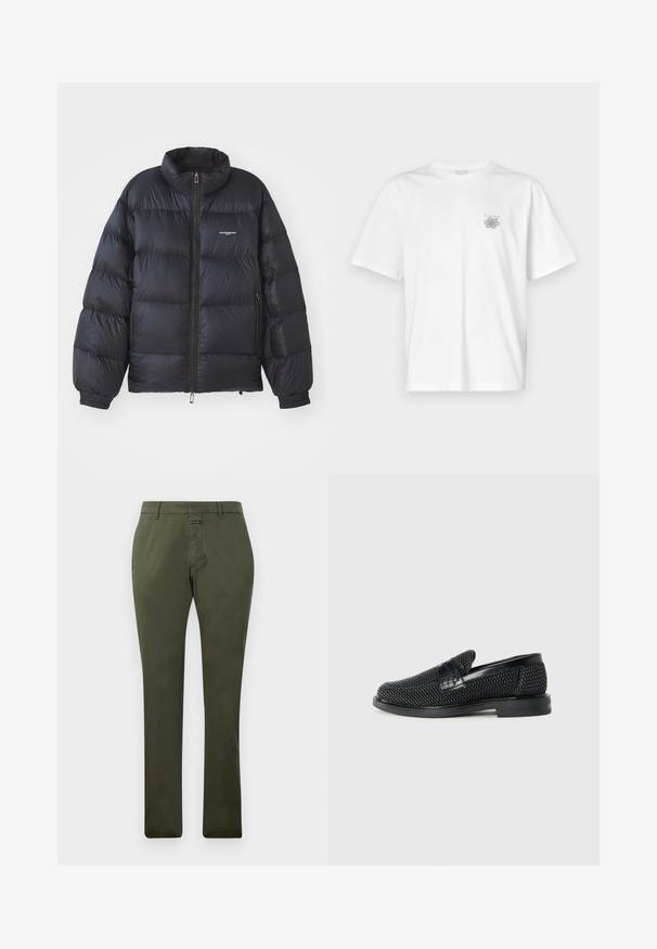 Zwarte pufferjack met een hoge kraag, ritssluiting, elastische manchetten en een logo op de borst. Glad, glanzend materiaal met een gewatteerd ontwerp.; Witte t-shirt van katoen met korte mouwen, een ronde hals, en een klein grijs logo op de linker borstzijde. Soepele textuur.; Olijfgroene rechte broek met riemlussen, frontale rits en knoopsluiting, weergegeven op een effen witte achtergrond.; Zwartegeweven instap schoenen met een glad leren accent aan de bovenkant, een ronde neusontwerp en een laag profiel rubberen zool.