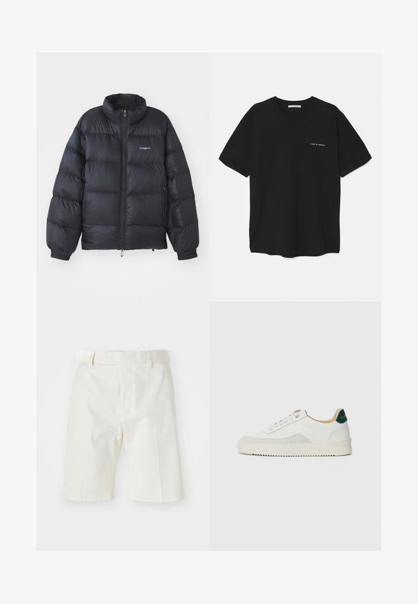 Melns pūkains jaka ar augstu apkakli, rāvējslēdzēja aizdari, elastīgām aprocēm un logotipu uz krūšdaļas. Gluda, spīdīga auduma, ar polsterētu dizainu.; Melnas kokvilnas T-krekls ar apaļu kaklu, īsām piedurknēm un baltu logotipa uzdruku kreisajā krūtī. Vienkāršs, vienkrāsains dizains.; Baltās kokvilnas šortos ar taisnu piegriezumu, ar vienmērīgu priekšu, jostu cilpām un gludu tekstūru. Nav redzamu rakstu vai akcentu.; Baltas sneakers ar zamša akcentiem, noapaļota purngala, plakaniem auklām un krēmkrāsas gumijas zoli. Ar zaļu zīmolu uz papēža.