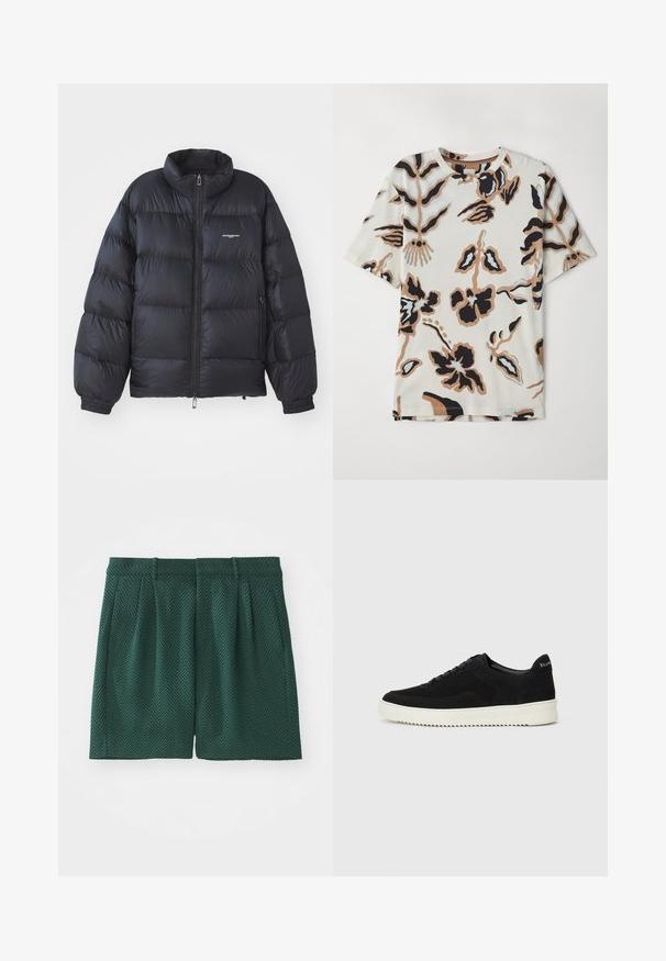 Black puffer jacket featuring a high collar, zip closure, elastic cuffs, and a logo on the chest. Smooth, shiny material with a padded design.; Short-sleeve T-shirt made of soft fabric, featuring a cream background with abstract floral patterns in black, brown, and light blue.; Dark green shorts made of textured fabric with a herringbone pattern. Features pleats and a waistband, cut to knee length.; Black suede sneaker with lace-up design and contrasting white rubber sole. Features textured side panels and subtle branding on the heel.