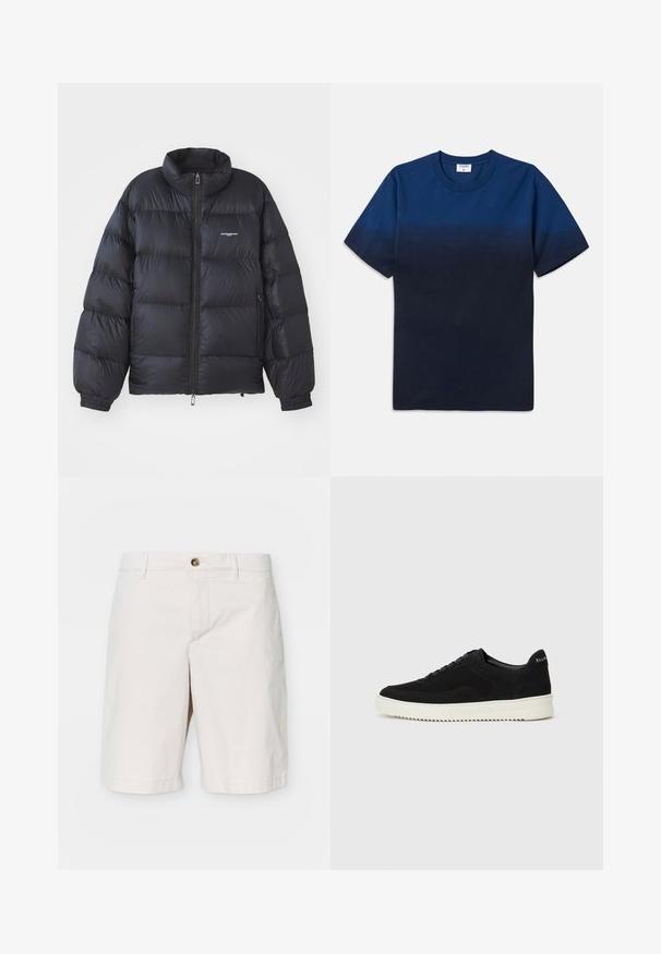 Black puffer jacket featuring a high collar, zip closure, elastic cuffs, and a logo on the chest. Smooth, shiny material with a padded design.; Navy blue cotton t-shirt with a round neck, short sleeves, and a subtle gradient design transitioning from lighter to darker shades.; J.LINDEBERG SHANE CLOUD - Shorts - moonbeam; Black suede sneaker with lace-up design and contrasting white rubber sole. Features textured side panels and subtle branding on the heel.