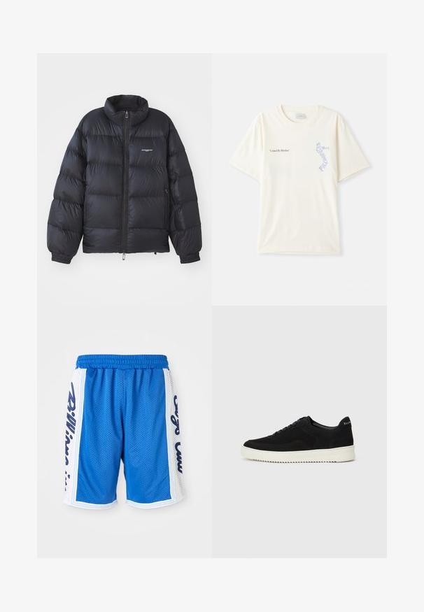 Mustapuffatakki korkealla kauluksella, vetoketjukiinnityksellä, joustavilla hihansuilla ja rintalogolla. Tasainen, kiiltävä materiaali pehmustetulla muotoilulla.; Valkoinen puuvillainen t-paita lyhyillä hihoilla, jossa on "United By Rhythm" -teksti mustana ja sinisenä grafiikkana rinnassa. Pyöreä kaulus.; Siniset verkkokankaiset urheilushortsit, joissa on joustava vyötärönauha, valkoiset sivupaneelit ja mustat kirjontadetaljit molemmin puolin.; Mustat mokkakengät nauhoilla ja kontrastivalkoisella kumipohjalla. Varustettu teksturoiduilla sivupaneeleilla ja huomaamattomalla brändäyksellä kantapäässä.