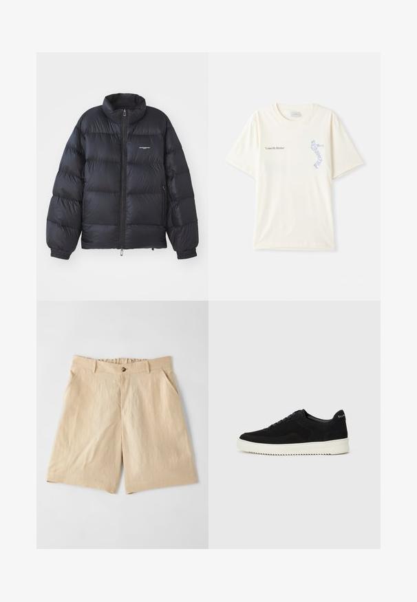 Schwarze Puffjacke mit hohem Kragen, Reißverschluss, elastischen Bündchen und einem Logo auf der Brust. Glattes, glänzendes Material mit gepolstertem Design.; Weißes Baumwoll-T-Shirt mit kurzen Ärmeln, mit dem Aufdruck "United By Rhythm" in Schwarz und blauer Grafik auf der Brust. Rundhalsausschnitt.; Paul Smith Shorts - sand; Schwarze Wildleder-Sneaker mit Schnürdesign und kontrastierender weißer Gummisohle. Verfügt über strukturierte Seitenpaneele und dezentes Branding an der Ferse.