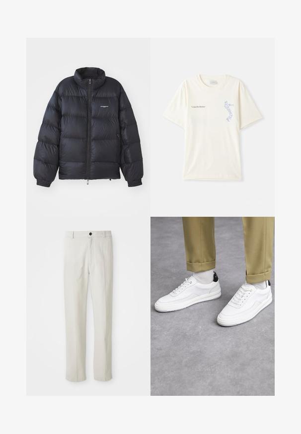 Zwarte pufferjack met een hoge kraag, ritssluiting, elastische manchetten en een logo op de borst. Glad, glanzend materiaal met een gewatteerd ontwerp.; Witte katoenen t-shirt met korte mouwen, met de tekst "United By Rhythm" in zwart en blauwe graphics op de borst. Rond halsontwerp.; Beige recht gesneden broek met riemlussen, voorknop en ritsluiting, plat weergegeven op een witte achtergrond.; Witte sneakers met een textuur van leerafwerkingen, een ronde neus en een zwarte hielaccent. Rubberen zool met een klein profiel en gestikte details.