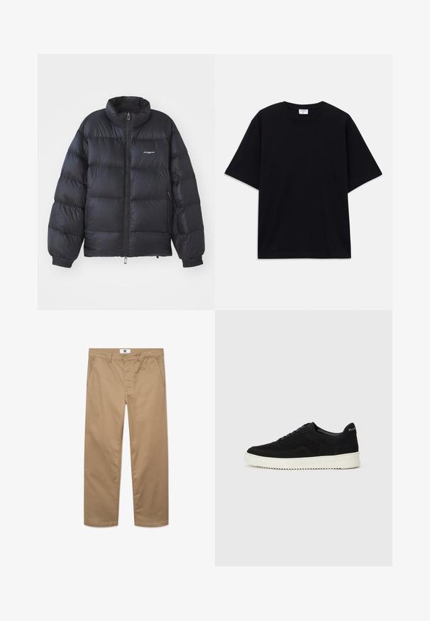 Melns pūkains jaka ar augstu apkakli, rāvējslēdzēja aizdari, elastīgām aprocēm un logotipu uz krūšdaļas. Gluda, spīdīga auduma, ar polsterētu dizainu.; Melns īsām piedurknēm oversize T-krekls ar apaļu kakla izgriezumu un redzamu Filippa K zīmola birku iekškaklā.; Haki kokvilnas bikses ar taisnu kāju dizainu, ar vienu pogas aizdari, jostas cilpiņām un divām sānu kabatām. Gluda tekstūra.; Melnas zamšas kedas ar auklām un kontrastējošu baltu gumijas zoli. Iekļauj teksturētas sānu panēles un diskretu zīmolu uz papēža.