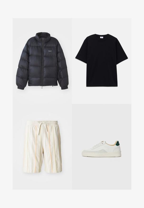 Giacca a vento nera con colletto alto, chiusura con zip, polsini elastici e logo sul petto. Materiale liscio e lucido con un design imbottito.; T-shirt oversize nera a maniche corte con scollatura rotonda e etichetta del marchio Filippa K visibile all'interno del colletto.; Pantaloni corti leggeri bianchi con righe verticali arancioni, gialle e verdi. Presentano una vita elastica con chiusura a coulisse.; Sneaker bianco con accenti in camoscio, punta rotonda, lacci piatti e suola in gomma crema. Presenta un marchio verde sul tallone.