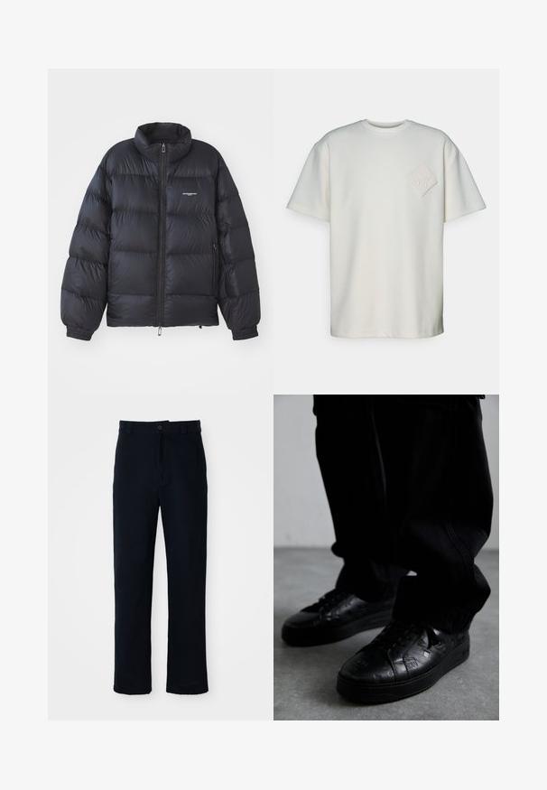 Casaco puffer preto com gola alta, fecho de zíper, punhos elásticos e um logótipo no peito. Material liso e brilhante com um design acolchoado.; T-shirt de manga curta em algodão off-white, com um patch texturizado em forma de diamante com um design em relevo no lado esquerdo do peito.; Calças azul marinho em algodão, com um design de perna reta, fecho frontal com botão e cinta clássica com passantes para cinto.; Ténis pretos de couro com padrões texturizados, apresentando uma sola de borracha e biqueira redonda. Os atacadores são pretos, complementando o design escuro do calçado.