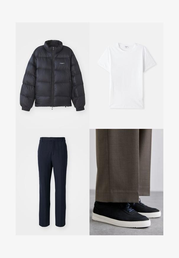 Jachetă neagră tip puffer, cu guler înalt, închidere cu fermoar, manșete elastice și un logo pe piept. Material neted, lucios, cu un design căptușit.; Tricou bey din bumbac, guler rotund, mâneci scurte, textură netedă, fără modele sau accente, design simplu, croială standard.; Pantaloni bleumarin cu un model herringbone, design cu picioare drepte, bucle pentru curea și un finisaj texturat.; Tenisi din suede negru cu talpă din cauciuc alb, având vârf rotunjit și șireturi, purtați cu pantaloni gri ajustați.