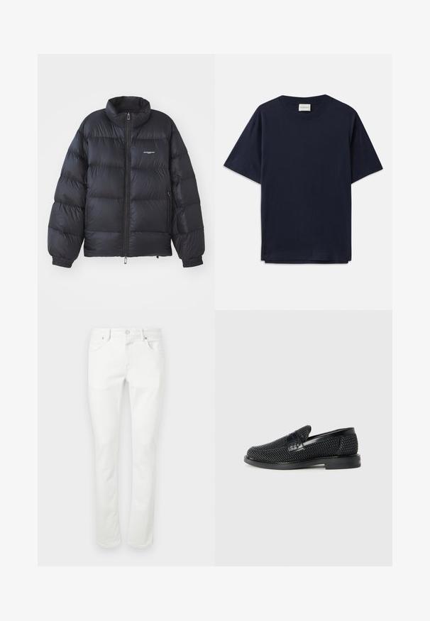 Black puffer jacket featuring a high collar, zip closure, elastic cuffs, and a logo on the chest. Smooth, shiny material with a padded design.; Navy blue cotton T-shirt with short sleeves, round neckline, and a relaxed fit. Label reads "CLOSED" at the neckline. Smooth texture.; White denim jeans with a straight cut, five-pocket design, and metal button closure. Smooth texture and minimal stitching details.; Black woven slip-on shoe with a smooth leather accent on the upper, a round toe design, and a low-profile rubber sole.