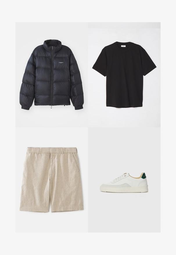 Črna puffer jakna z visokim ovratnikom, zadrgo, elastičnimi manšeti in logotipom na prsih. Gladek, sijoč material s podloženo zasnovo.; Črna bombažna majica s krojnim ovratnikom, kratkimi rokavi in sproščenim krojem. Preprost dizajn, gladka tekstura in brez vidnih vzorcev ali logotipov.; Bež lanene kratke hlače sproščenega kroja, z elastiko v pasu in stranskimi žepi. Gladka tekstura s subtilnim tkanim vzorcem.; Bela trenerka z zaključki iz semiša, okroglo konico, ravne vezalke in kremna gumijasta podplata. Ima zeleno blagovno znamko na peti.