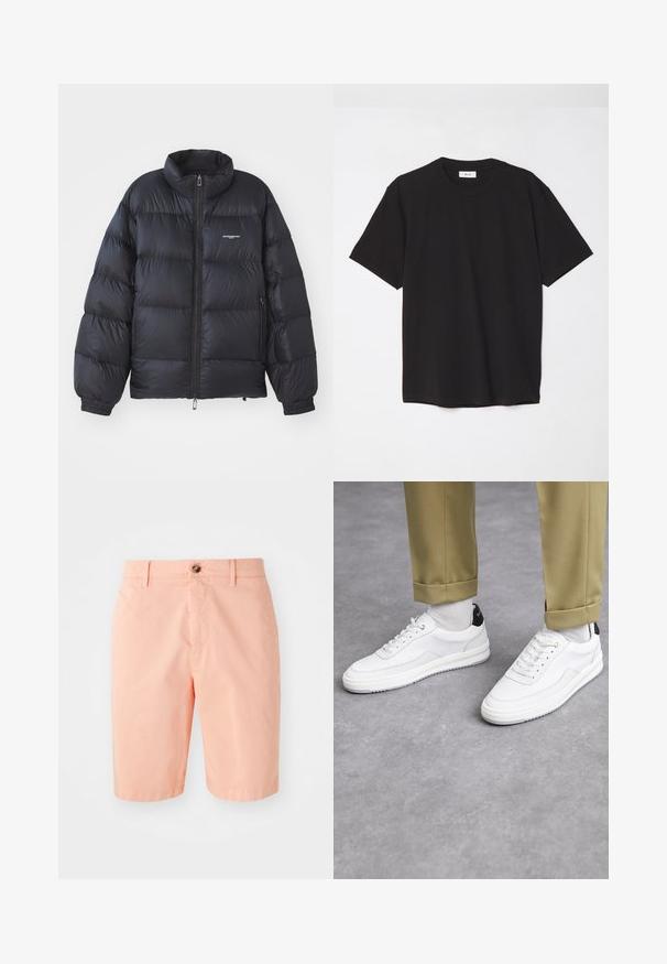 Giacca a vento nera con colletto alto, chiusura con zip, polsini elastici e logo sul petto. Materiale liscio e lucido con un design imbottito.; T-shirt in cotone nero con colletto a girocollo, maniche corte e vestibilità comoda. Design semplice, texture liscia e senza motivi o loghi visibili.; Bermuda color pesco realizzate in tessuto leggero, con un design classico, chiusura con bottone frontale e tasche laterali.; Sneaker bianchi con finitura in pelle testurizzata, punta arrotondata e accentuazione nera sul tallone. Suola in gomma con piccolo motivo di battistrada e dettagli cuciti.