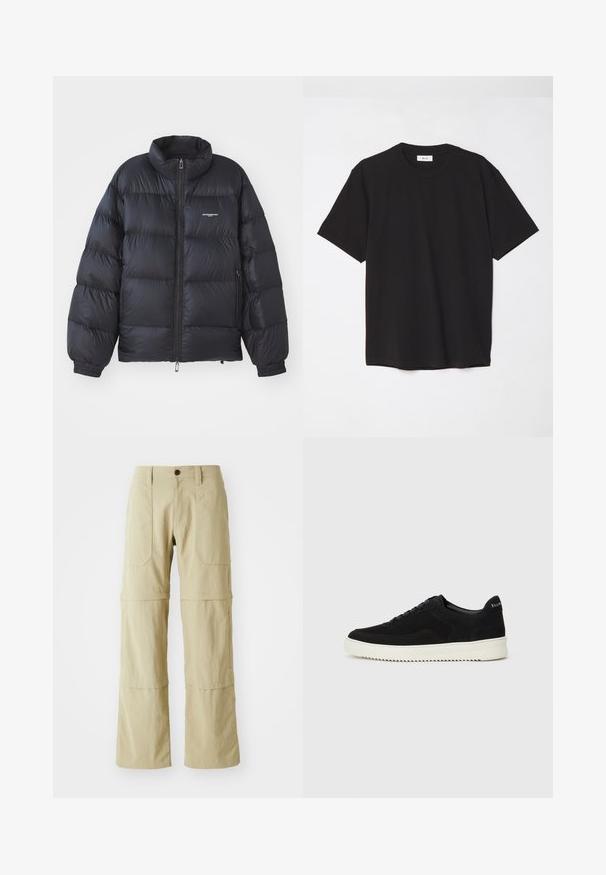 Schwarze Puffjacke mit hohem Kragen, Reißverschluss, elastischen Bündchen und einem Logo auf der Brust. Glattes, glänzendes Material mit gepolstertem Design.; Schwarzes Baumwoll-T-Shirt mit Rundhalsausschnitt, kurzen Ärmeln und lockerer Passform. Einfaches Design, glatte Textur und keine sichtbaren Muster oder Logos.; Beige Cargo-Hosen mit geradem Bein, zwei frontalen Taschen und einem Reißverschluss am Saum für eine verstellbare Länge. Hergestellt aus leichtem Stoff.; Schwarze Wildleder-Sneaker mit Schnürdesign und kontrastierender weißer Gummisohle. Verfügt über strukturierte Seitenpaneele und dezentes Branding an der Ferse.