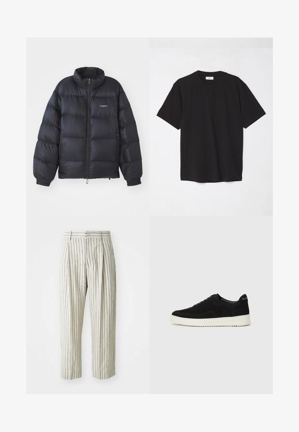 Chaqueta de plumas negra con cuello alto, cierre de cremallera, puños elásticos y un logo en el pecho. Material suave y brillante con un diseño acolchado.; Camiseta de algodón negra con cuello redondo, mangas cortas y un corte relajado. Diseño simple, textura suave y sin patrones o logotipos visibles.; Pantalones de rayas blancas hechos de una tela ligera, con un ajuste relajado, pliegues y una cintura con pasadores para cinturón. Rayas verticales en color marino.; Zapatilla de ante negra con diseño de cordones y suela de goma blanca contrastante. Presenta paneles laterales texturizados y un sutil logo en el talón.