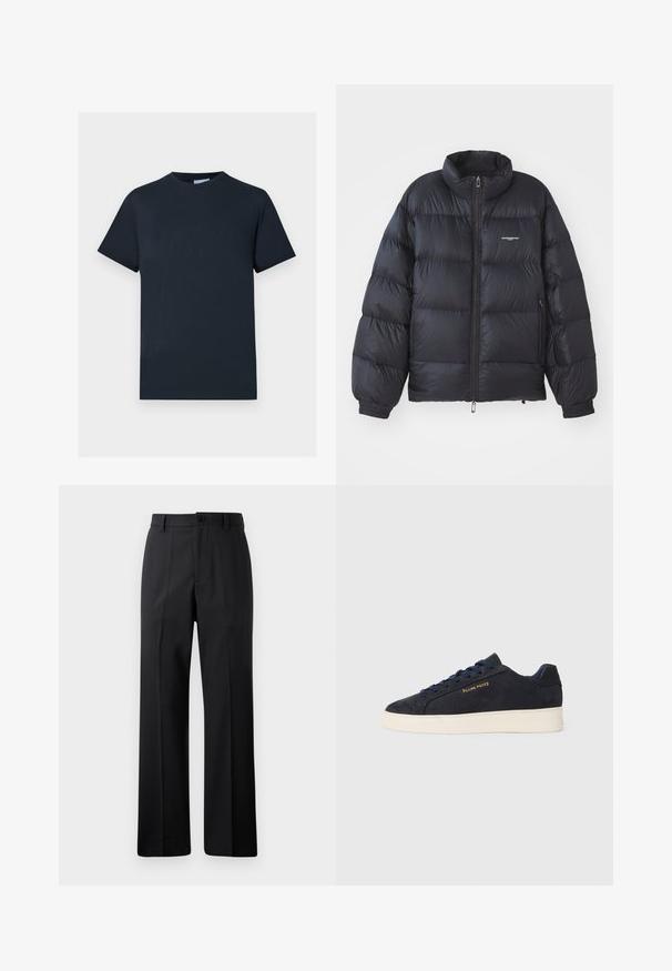 Črna puffer jakna z visokim ovratnikom, zadrgo, elastičnimi manšeti in logotipom na prsih. Gladek, sijoč material s podloženo zasnovo.; Mornarsko modra bombažna majica, kratki rokavi, okrogli ovratnik, z teksturiranim logotipom na prsih v svetlejši odtenek.; Črne hlače ravnega kroja z zankami za pas, sprednjim gumbom in zadrgo, prikazane na enotnem belem ozadju.; Mornarsko modre semiš nizke superge z belim podplatom, mornarskimi vezalkami in z zlatim logotipom "Filling Pieces" na strani.