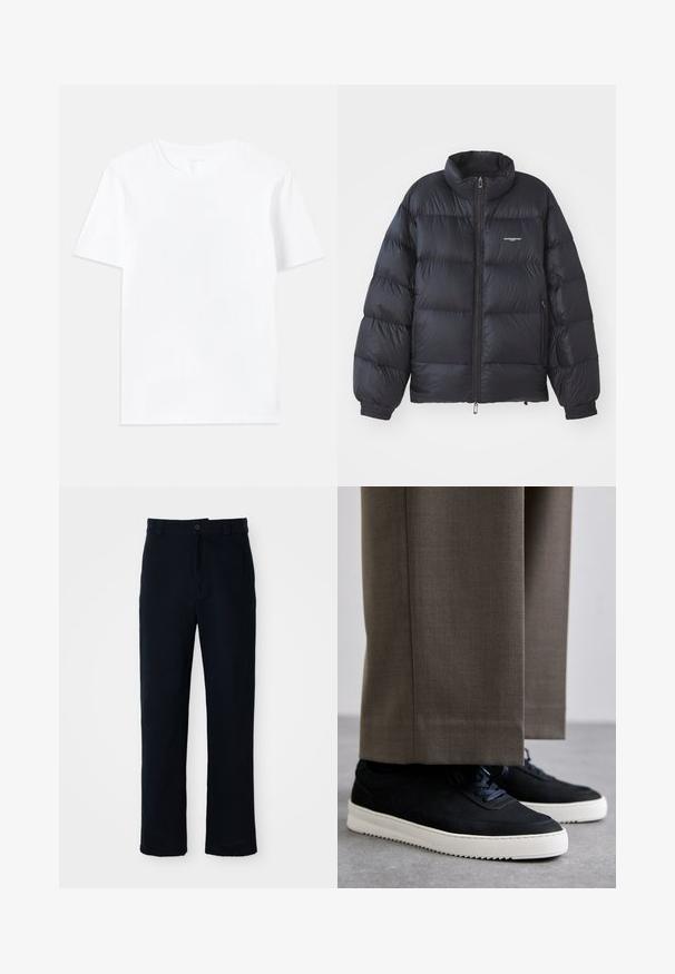 Black puffer jacket featuring a high collar, zip closure, elastic cuffs, and a logo on the chest. Smooth, shiny material with a padded design.; White cotton t-shirt with a classic crew neckline and short sleeves, featuring a smooth texture and a regular fit design.; Navy blue trousers made of cotton, featuring a straight-leg design, a front button closure, and classic waistband with belt loops.; Black suede sneakers with white rubber soles, featuring a rounded toe and laces, worn with gray tailored pants.