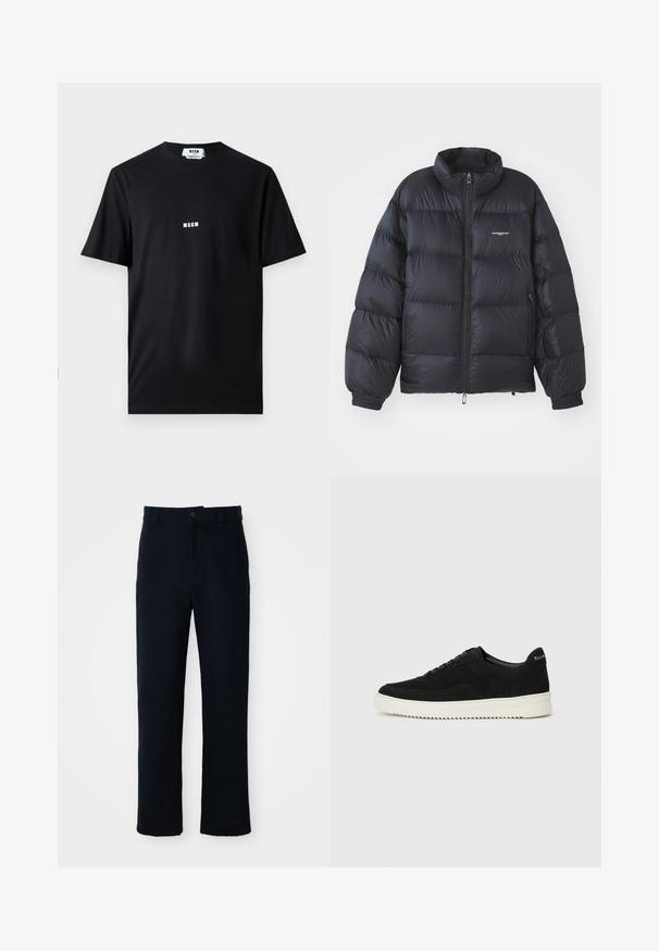 Casaco puffer preto com gola alta, fecho de zíper, punhos elásticos e um logótipo no peito. Material liso e brilhante com um design acolchoado.; T-shirt de algodão preto com gola redonda e mangas curtas. A frente apresenta o logótipo branco "MSGM" centralizado. Textura suave, corte padrão.; Calças azul marinho em algodão, com um design de perna reta, fecho frontal com botão e cinta clássica com passantes para cinto.; Sapatilhas de camurça pretas com design de atacadores e sola de borracha branca em contraste. Apresenta painéis laterais texturizados e uma marcação discreta no calcanhar.
