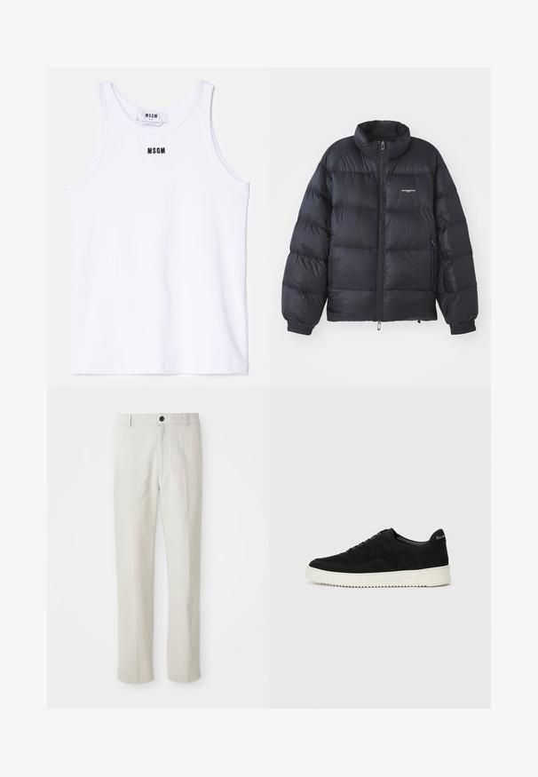 Giacca a vento nera con colletto alto, chiusura con zip, polsini elastici e logo sul petto. Materiale liscio e lucido con un design imbottito.; Top in cotone bianco senza maniche con una texture a coste, caratterizzato da un logo ricamato nero "MSGM" centrato sul petto. Design semplice e pulito.; Pantaloni beigi a gamba dritta con passanti per cintura, bottone frontale e chiusura con zip, esposti in piano su uno sfondo bianco.; Sneaker in suede nero con design con lacci e suola in gomma bianca a contrasto. Presenta pannelli laterali testurizzati e un marchio discreto sul tallone.