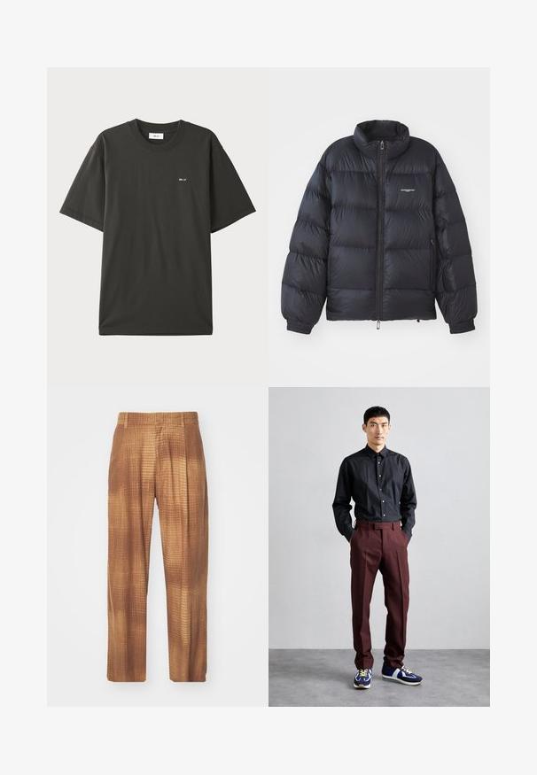 Schwarze Puffjacke mit hohem Kragen, Reißverschluss, elastischen Bündchen und einem Logo auf der Brust. Glattes, glänzendes Material mit gepolstertem Design.; NN.07 ADAM EMB - T-Shirt basic - khaki; Braune gemusterte Hosen mit einer strukturierten Oberfläche, die einen lockeren Schnitt und gerade Beine haben. Der Stoff hat ein dezentes Rautenmuster.; Schwarzes, langärmliges Button-Up-Hemd kombiniert mit hochgeschnittenen, burgunderfarbenen Hosen und blauen Sneakers mit grünen Akzenten. Das Model steht mit den Händen in den Taschen.