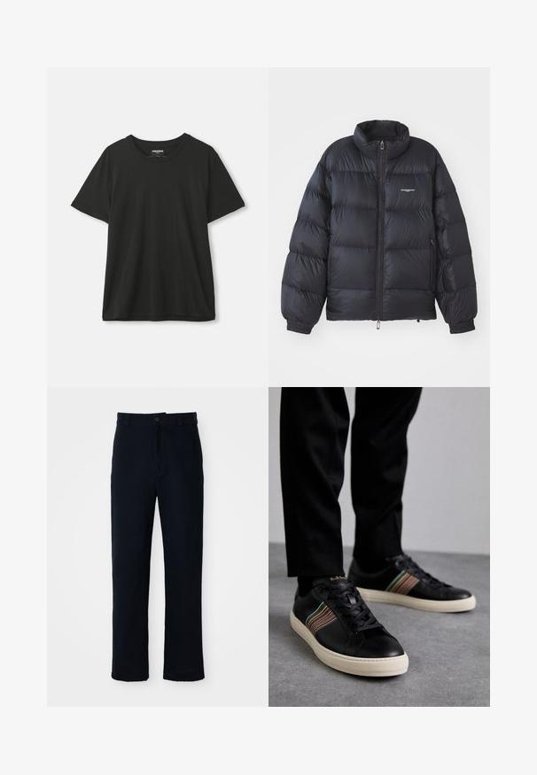 Chaqueta de plumas negra con cuello alto, cierre de cremallera, puños elásticos y un logo en el pecho. Material suave y brillante con un diseño acolchado.; Camiseta negra de manga corta y cuello redondo colgada contra un fondo blanco plano, con la etiqueta visible en el interior del cuello.; Pantalones azul marino de algodón, con un diseño de pierna recta, cierre frontal de botón y una cintura clásica con pasadores para cinturón.; Zapatillas de cuero negro con acentos de rayas multicolores, punta redonda y suelas de goma blanca, con diseño de cordones y marca en relieve.