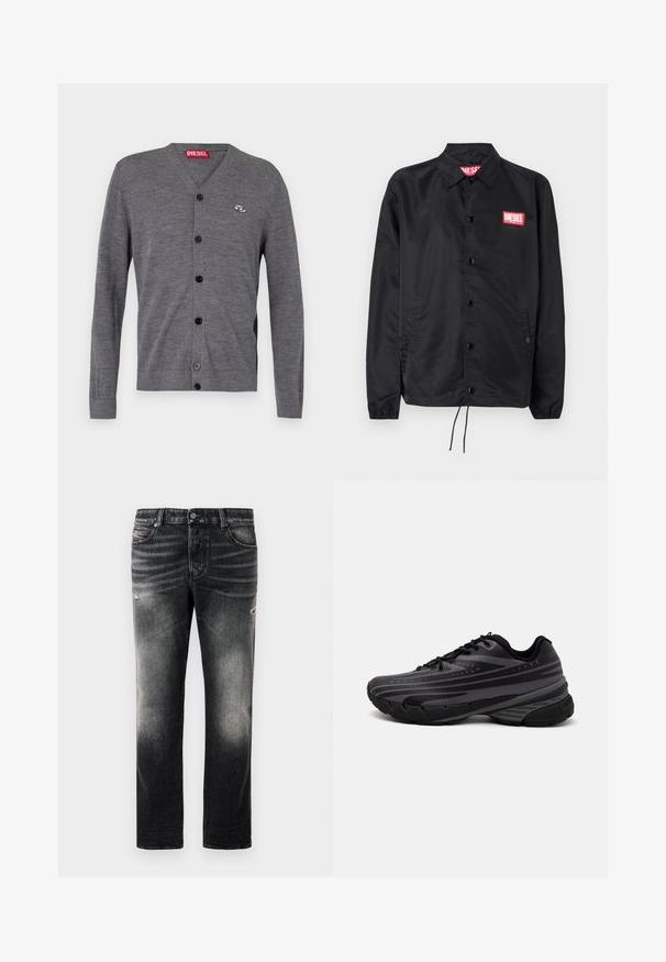 Jaqueta preta feita de material suave e leve, com fecho de botão na frente, punhos elásticos, bolsos laterais e um patch do logótipo vermelho da Diesel.; Cardigan cinza com decote em V, mangas longas, cinco botões pretos e um pequeno logotipo no lado esquerdo do peito. Feito de um material de malha macio.; Camisola preta sem mangas feita de tecido suave, com decote redondo, aberturas para os braços e um pequeno logótipo vermelho no peito. Design simples.; Calças jeans pretas com acabamento desbotado e detalhes desgastados, design padrão de cinco bolsos e fecho com zip. Feitas de tecido denim.; Shoe de corrida preta com um cabedal texturizado apresentando riscas cinzentas. Sola grossa para amortecimento, bico redondo e atacadores planos para um ajuste seguro.