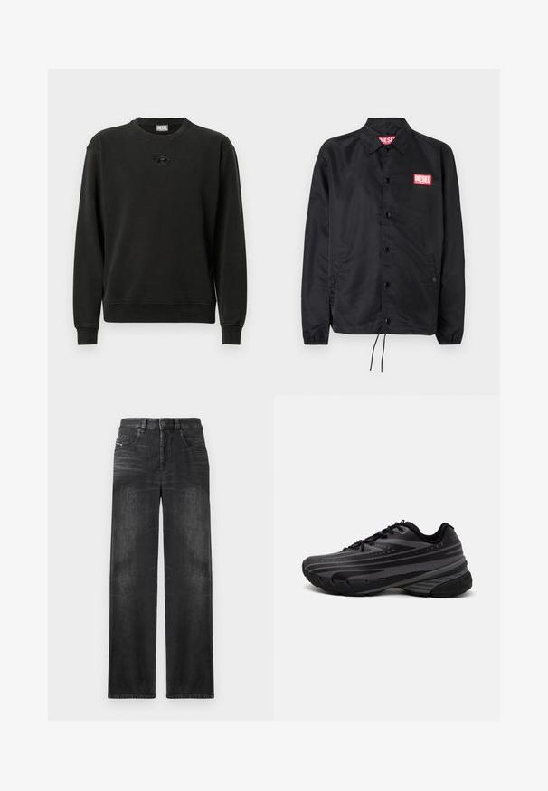 Black jacket made of smooth, lightweight material, featuring a button front, elastic cuffs, side pockets, and a red Diesel logo patch.; Black sweatshirt made of soft fabric, featuring a crew neck, ribbed cuffs, and a small logo at the center. Casual, relaxed fit design.; Black straight-leg jeans made of denim, featuring five pockets, belt loops, and subtle fading on the fabric for texture.; Black running shoe with a textured upper featuring gray stripes. Thick sole for cushioning, round toe, and flat laces for secure fit.