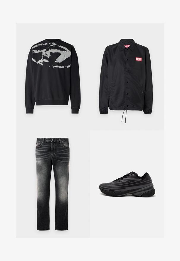 Fekete dzseki sima, könnyű anyagból, gombos elülső résszel, rugalmas mandzsettákkal, oldalsó zsebekkel és egy piros Diesel logós folttal.; Fekete pulóver, hátul texturált, absztrakt szürke mintával. Jellemzői: kerek nyak, hosszú ujjak és bordázott mandzsetták.; Fekete farmernadrág, amely elhasználódott hatású és kopott részletekkel rendelkezik, klasszikus öt zsebes dizájnnal és cipzáras záródással. Denim anyagból készült.; Fekete futócipő texturált felsőrésszel, szürke csíkokkal. Vastag talp a párnázottságért, kerek orr, és lapos fűzők a biztos illeszkedés érdekében.