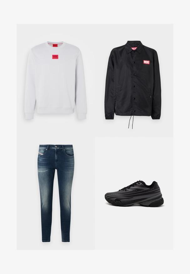 Fekete dzseki sima, könnyű anyagból, gombos elülső résszel, rugalmas mandzsettákkal, oldalsó zsebekkel és egy piros Diesel logós folttal.; Fehér, pamut keverékből készült pulóver, bordázott mandzsettákkal és aljjal. Az elején, középen egy téglalap alakú, piros logó felvarró található.; Sötétkék farmernadrág, slim fit szabással, enyhén copfes szemcsés mosással, kissé kopott hatással és klasszikus öt zsebes dizájnnal.; Fekete futócipő texturált felsőrésszel, szürke csíkokkal. Vastag talp a párnázottságért, kerek orr, és lapos fűzők a biztos illeszkedés érdekében.