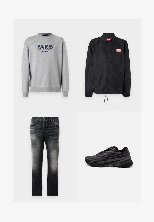 Giacca nera realizzata in materiale liscio e leggero, con chiusura a bottoni, polsini elasticizzati, tasche laterali e una patch con il logo rosso Diesel.; Felpa grigia con girocollo, caratterizzata da ricamo in navy della scritta "PARIGI" e dettagli dell'indirizzo. Tessuto morbido con polsini e orlo a costine.; Jeans neri con una finitura sbiadita e dettagli strappati, design standard a cinque tasche e chiusura con zip. Realizzati in tessuto denim.; Scarpa da corsa nera con un upper testurizzato e strisce grigie. Suola spessa per un'ammortizzazione ottimale, punta rotonda e lacci piatti per una vestibilità sicura.