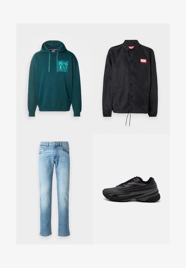Black jacket made of smooth, lightweight material, featuring a button front, elastic cuffs, side pockets, and a red Diesel logo patch.; Teal hoodie with a front pocket, adjustable drawstring hood, and screen-printed graphic on the left chest. Soft, textured fabric.; Black tank top made of smooth fabric, featuring a round neckline, armholes, and a small red logo on the chest. Simple design, sleeveless.; Light blue straight-leg jeans with faded details, front button, and five-pocket design against a plain white background.; Black running shoe with a textured upper featuring gray stripes. Thick sole for cushioning, round toe, and flat laces for secure fit.