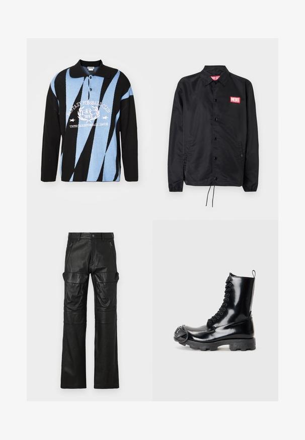 Chaqueta negra hecha de un material suave y ligero, con cierre de botones en el frente, puños elásticos, bolsillos laterales y un parche con el logo rojo de Diesel.; Polo de punto en negro, azul y blanco con patrones geométricos. Cuenta con un cuello, placket de botones y texto gráfico en el pecho. Mangas largas.; Pantalones de cuero negros con un diseño de pierna recta, que cuentan con dos bolsillos frontales con cremallera y grandes bolsillos laterales para un mayor almacenamiento.; Botas de combate de charol negro con un acabado brillante, diseño con cordones, suela de goma gruesa y un distintivo detalle de hardware en la parte frontal.