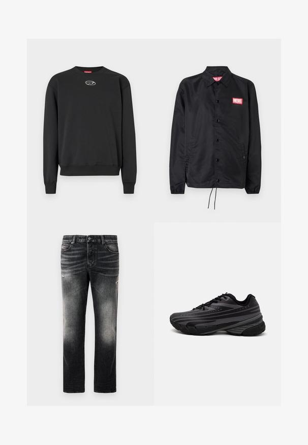 Giacca nera realizzata in materiale liscio e leggero, con chiusura a bottoni, polsini elasticizzati, tasche laterali e una patch con il logo rosso Diesel.; Sweatshirt nero in morbido tessuto, con collo a giro, maniche lunghe, polsini a costine e un piccolo logo al centro. Design semplice.; Top senza maniche nero realizzato in tessuto liscio, con scollatura rotonda e aperture per le braccia, e un piccolo logo rosso sul petto. Design semplice.; Jeans neri con una finitura sbiadita e dettagli strappati, design standard a cinque tasche e chiusura con zip. Realizzati in tessuto denim.; Scarpa da corsa nera con un upper testurizzato e strisce grigie. Suola spessa per un'ammortizzazione ottimale, punta rotonda e lacci piatti per una vestibilità sicura.