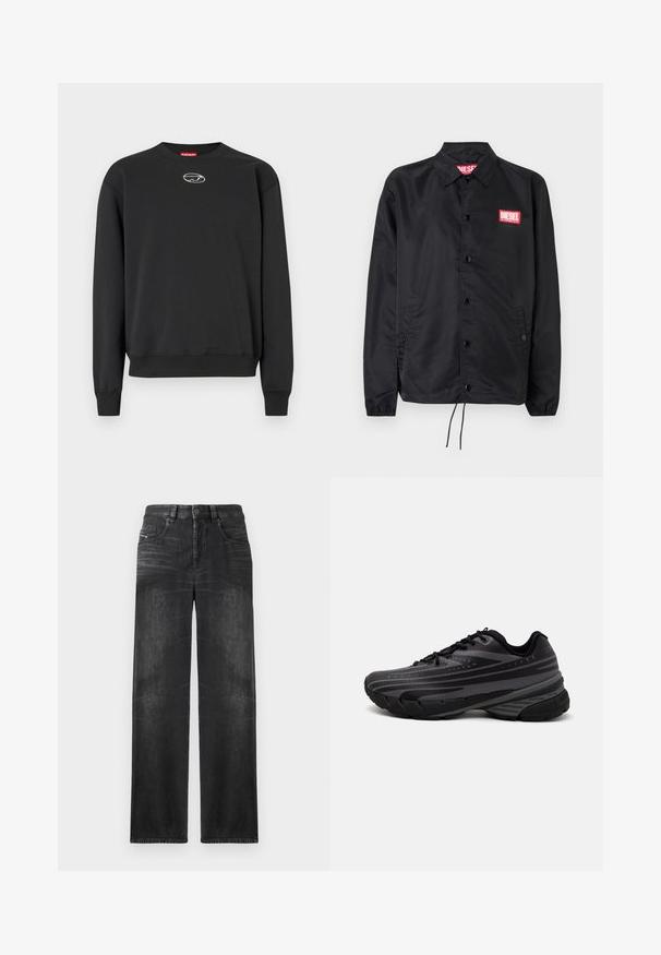 Svart jacka i ett slätt, lätt material med knappstängning, elastiska ärmslut, sidofickor och en röd Diesel-logolapp.; Svart sweatshirt tillverkad av mjukt tyg, med rundad halsringning, långa ärmar, ribbade manschetter och en liten logotyp i mitten. Enkel design.; Svarta rak ben-jeans i denim, med fem fickor, bälteshällor och subtila blekningar på tyget för struktur.; Svart löparsko med en texturerad ovandel och grå ränder. Tjock sula för dämpning, rund tå och platta snören för en säker passform.