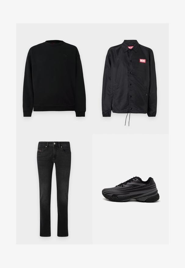 Giacca nera realizzata in materiale liscio e leggero, con chiusura a bottoni, polsini elasticizzati, tasche laterali e una patch con il logo rosso Diesel.; Felpa nera realizzata in morbido tessuto, con scollatura rotonda, polsini a coste e un piccolo emblema sul petto. Design semplice e privo di decorazioni.; Top senza maniche nero realizzato in tessuto liscio, con scollatura rotonda e aperture per le braccia, e un piccolo logo rosso sul petto. Design semplice.; Jeans in denim nero con design a gamba dritta, dotati di tasche frontali e posteriori, leggera scoloritura e chiusura con bottone in metallo.; Scarpa da corsa nera con un upper testurizzato e strisce grigie. Suola spessa per un'ammortizzazione ottimale, punta rotonda e lacci piatti per una vestibilità sicura.