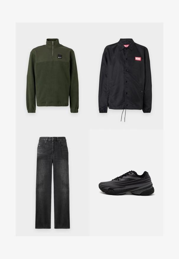 Jaqueta preta feita de material suave e leve, com fecho de botão na frente, punhos elásticos, bolsos laterais e um patch do logótipo vermelho da Diesel.; Polo de fleece verde escuro com fecho de quarto, gola alta, punhos elásticos e bainha, e um pequeno patch retangular preto com logo no peito.; Calças de ganga de perna reta pretas, com cinco bolsos, passadores de cinto e um leve desbotado no tecido para textura.; Shoe de corrida preta com um cabedal texturizado apresentando riscas cinzentas. Sola grossa para amortecimento, bico redondo e atacadores planos para um ajuste seguro.