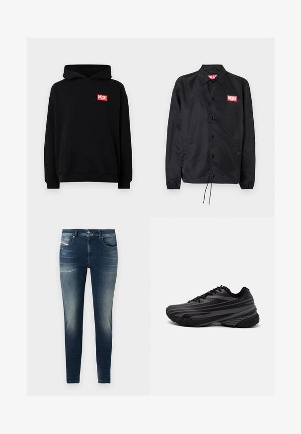 Jachetă neagră dintr-un material neted și ușor, cu închidere prin butoane, manșete elastice, buzunare laterale și o etichetă roșie cu logo-ul Diesel.; Hanorac negru cu glugă, prevăzut cu un buzunar frontal, având un logo dreptunghiular roșu „DIESEL”. Fabricat dintr-un material moale, cu manșete ribbate.; Top din bumbac negru, cu gât rotund și fără mâneci. Logo-ul mic Diesel, brodat pe piept, de culoare roșie. Textură netedă, formă ajustată.; Jeans din denim albastru închis, cu o croială slim, având un aspect decolorat, ușoare uzuri și un design clasic cu cinci buzunare.; Pantof de alergare negru cu un superior texturat, având dungi gri. Talpă groasă pentru amortizare, vârf rotund și șireturi plate pentru o potrivire sigură.