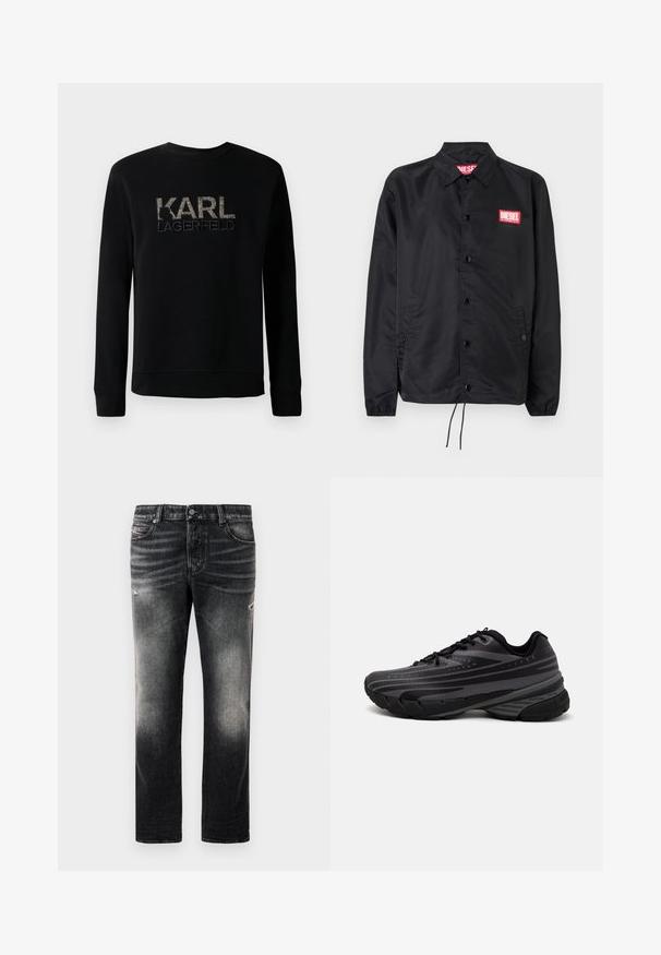 Svart jacka i ett slätt, lätt material med knappstängning, elastiska ärmslut, sidofickor och en röd Diesel-logolapp.; Svart långärmad sweatshirt med texturerad broderad "KARL LAGERFELD"-logotyp på bröstet, med en enkel rund halsringning.; Svarta jeans med en urtvättad finish och slitna detaljer, standard femficksdesign och dragkedjeförslutning. Tillverkade av denimtyg.; Svart löparsko med en texturerad ovandel och grå ränder. Tjock sula för dämpning, rund tå och platta snören för en säker passform.