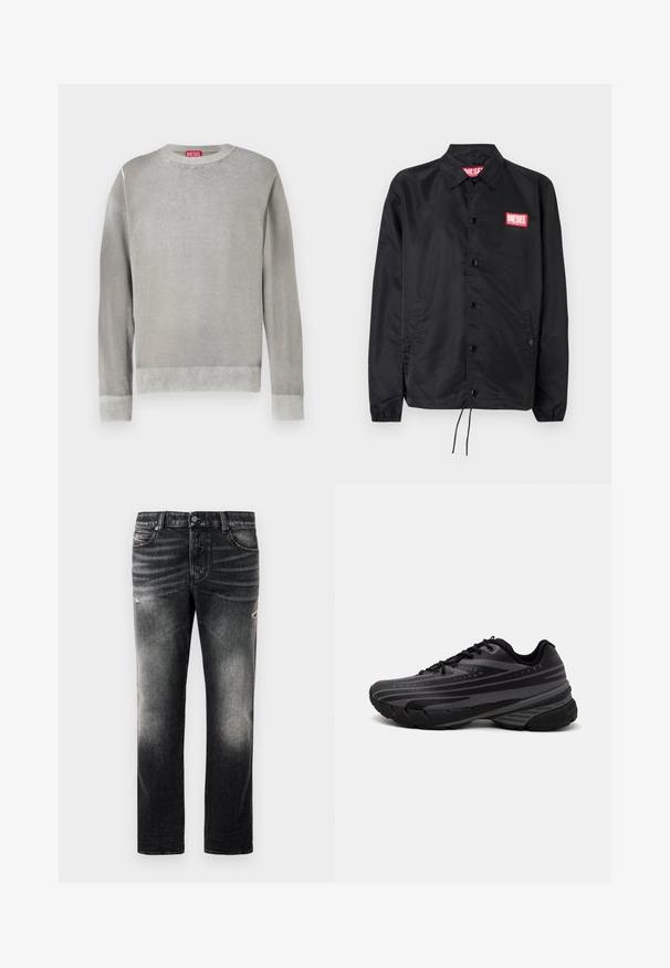Giacca nera realizzata in materiale liscio e leggero, con chiusura a bottoni, polsini elasticizzati, tasche laterali e una patch con il logo rosso Diesel.; Maglione grigio chiaro con collo rotondo, maniche lunghe, polsini e orlo a coste. Realizzato in materiale morbido dalla texture liscia. Presenta un'etichetta con il marchio ben visibile.; Top senza maniche nero realizzato in tessuto liscio, con scollatura rotonda e aperture per le braccia, e un piccolo logo rosso sul petto. Design semplice.; Jeans neri con una finitura sbiadita e dettagli strappati, design standard a cinque tasche e chiusura con zip. Realizzati in tessuto denim.; Scarpa da corsa nera con un upper testurizzato e strisce grigie. Suola spessa per un'ammortizzazione ottimale, punta rotonda e lacci piatti per una vestibilità sicura.