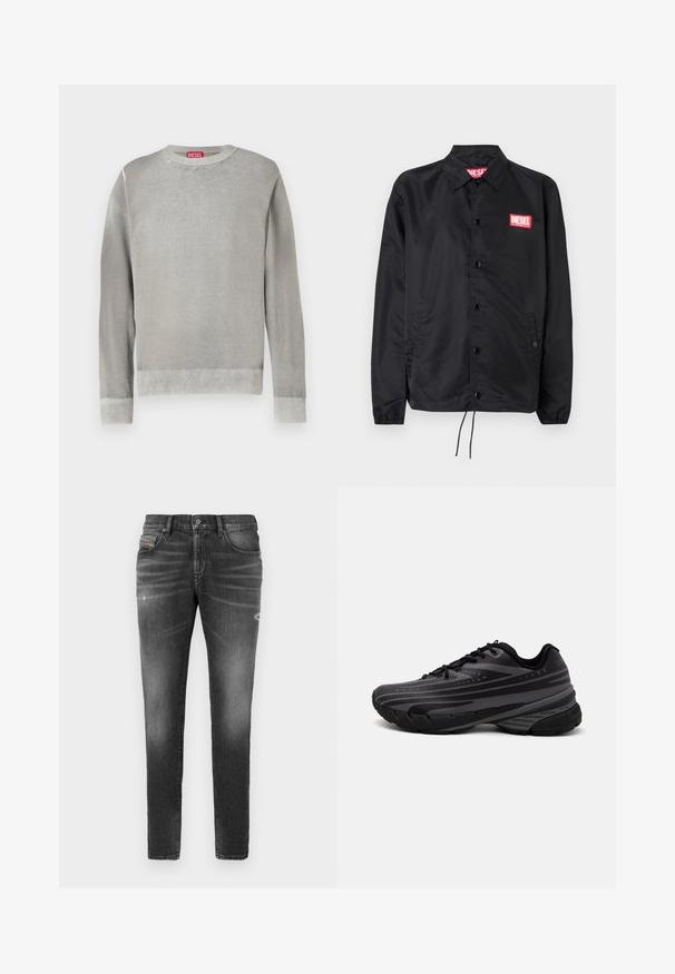 Črna jakna iz gladkega, lahkega materiala, z gumbnim zapiranjem, elastičnimi manšetami, stranskimi žepi in rdečim logotipom Diesel.; Svetlo sivi pulover z okroglim izrezom, dolgimi rokavi, rebrastimi manšetami in robom. Narejen iz mehkega materiala z gladko teksturo. Ima vidno oznako blagovne znamke.; Sivi jeans narejen iz denima, z ozkim krojem, ki ima rahlo abrazirane dele, strgane detajle in tradicionalno gumbno zapiranje.; Črne tekaške copate z teksturiranim zgornjim delom, ki ima sive črte. Debel podplat za blaženje udarcev, okrogla konica in ravne vezalke za varen oprijem.