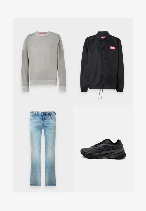 Schwarze Jacke aus glattem, leichtem Material mit Knopfriegel, elastischen Bündchen, seitlichen Taschen und einem roten Diesel-Logo-Patch.; Hellgrauer Pullover mit Rundhalsausschnitt, langen Ärmeln, gerippten Bündchen und Saum. Aus weichem Material mit glatter Textur. Mit sichtbarem Markenetikett.; Helleblaue Denim-Jeans mit geradem Schnitt, Fünf-Taschen-Design und leichter Ausbleichung. Mit metallischem Knopf und Reißverschlussverschluss.; Schwarzer Laufschuh mit einem strukturierten Obermaterial, das graue Streifen aufweist. Dicke Sohle zur Dämpfung, runder Zehenbereich und flache Schnürsenkel für einen sicheren Sitz.