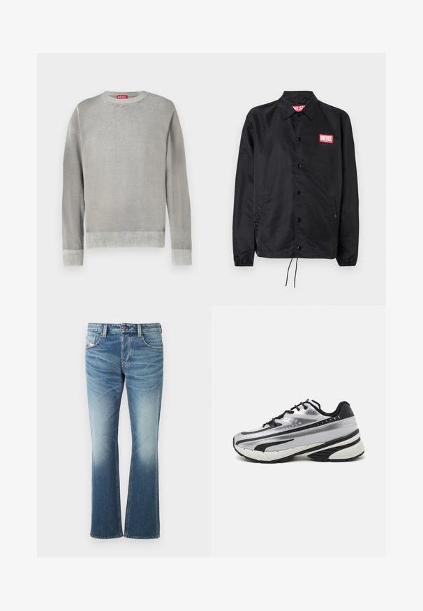 Schwarze Jacke aus glattem, leichtem Material mit Knopfriegel, elastischen Bündchen, seitlichen Taschen und einem roten Diesel-Logo-Patch.; Hellgrauer Pullover mit Rundhalsausschnitt, langen Ärmeln, gerippten Bündchen und Saum. Aus weichem Material mit glatter Textur. Mit sichtbarem Markenetikett.; Blaue Jeans aus Denim mit einem ausladenden Design, einer ausgewaschenen Optik, fünf Taschen und kontrastierenden Nähten. Knopfverschluss am Bund.; Laufschuh mit einem silbernen Mesh-Obermaterial, schwarzen Akzenten und weißer Sohle. Verfügt über ein strukturiertes Design und schwarze Schnürsenkel. Leicht und gepolstert.