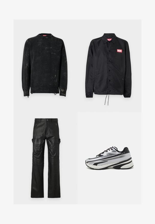 Juoda striukė, pagaminta iš lygaus, lengvo medžiagų, su mygtukų priekyje, elastinėmis rankovėmis, šoninėmis kišenėmis ir raudonu "Diesel" logotipo ženkleliu.; Juodas megztinis su apvalia iškirpte, briaunotais rankogaliais ir apačia. Turi pažeistą tekstūrą su šviesesnėmis žymėmis. Pusės užtrauktukai reguliavimui.; Juodi odiniai kelnių su tiesiomis kojomis dizainu, turinti dvi priekines užtrauktuko kišenes ir dideles šonines kišenes papildomam saugojimui.; Bėgimo bateliai su sidabriniu tinkliniu viršumi, juodais akcentais ir balta padu. Pasižymi tekstūruotu dizainu ir juodais raišteliais. Lengvi ir paminkštinti.