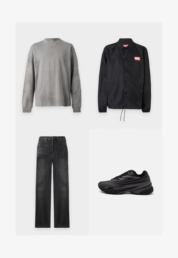 Giacca nera realizzata in materiale liscio e leggero, con chiusura a bottoni, polsini elasticizzati, tasche laterali e una patch con il logo rosso Diesel.; Felpa grigia con maniche lunghe, scollo a girocollo e finitura testurizzata. Presenta un sottile motivo screpolato e un piccolo logo sul petto.; Jeans neri a gamba dritta realizzati in denim, dotati di cinque tasche, passanti per cintura e sfumature sottili sul tessuto per un effetto texture.; Scarpa da corsa nera con un upper testurizzato e strisce grigie. Suola spessa per un'ammortizzazione ottimale, punta rotonda e lacci piatti per una vestibilità sicura.
