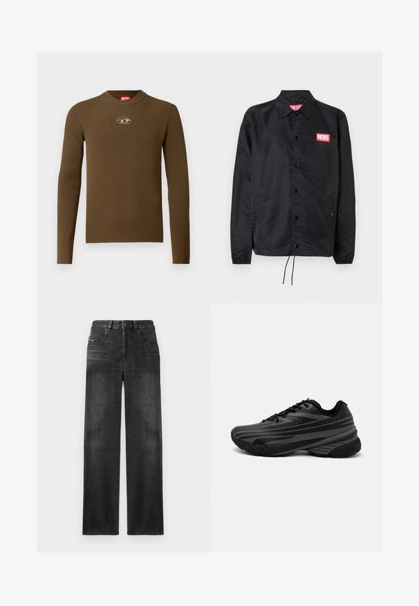 Svart jacka i ett slätt, lätt material med knappstängning, elastiska ärmslut, sidofickor och en röd Diesel-logolapp.; Brun ribbad långärmad topp med rund hals och en logolapp på bröstet. Texturen är slät och åtsittande, gjord av stretchigt material.; Svarta rak ben-jeans i denim, med fem fickor, bälteshällor och subtila blekningar på tyget för struktur.; Svart löparsko med en texturerad ovandel och grå ränder. Tjock sula för dämpning, rund tå och platta snören för en säker passform.