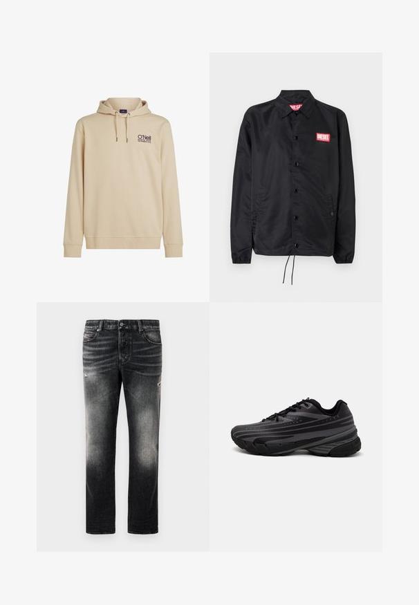 Veste noire en matériau lisse et léger, avec un devant à boutons, des poignets élastiques, des poches latérales et un patch logo rouge Diesel.; Sweat-shirt beige à capuche avec poche avant, cordon de serrage et logo O'Neill brodé. Tissu doux avec poignets et ourlet côtelés.; Jean noir avec une finition délavée et des accents usés, design standard à cinq poches, et fermeture éclair. Fabriqué en tissu denim.; Baskets de course noires avec une tige texturée comportant des rayures grises. Semelle épaisse pour un bon amorti, bout rond et lacets plats pour un maintien sécurisé.