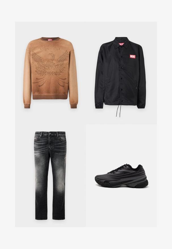 Svart jakke laget av glatt, lett materiale, med knappelukking, elastiske mansjetter, sidelommer og en rød Diesel-logo-patch.; Brun genser med et teksturert design av en føniks, ribbede mansjetter og nederkant, samt en rød logoetikett nær halsen. Gradienteffekt fra lys til mørk.; Sorte jeans med en falmet finish og slidte detaljer, standard fem-lomme-design og glidelås foran. Laget av denimstoff.; Svarte joggesko med en teksturert overdel som har grå striper. Tykk såle for demping, rund tå og flate snører for en sikker passform.