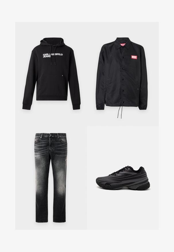 Svart jakke laget av glatt, lett materiale, med knappelukking, elastiske mansjetter, sidelommer og en rød Diesel-logo-patch.; Svart hettegenser laget av myk stoff, med kengurulomme og snorhette. "KARL LAGERFELD JEANS" trykket i hvitt over brystet.; Sorte jeans med en falmet finish og slidte detaljer, standard fem-lomme-design og glidelås foran. Laget av denimstoff.; Svarte joggesko med en teksturert overdel som har grå striper. Tykk såle for demping, rund tå og flate snører for en sikker passform.